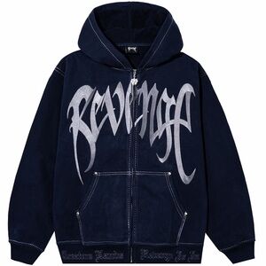 Revenge Contrast Stitch Embroidered Zip Hoodie Navy/Silver XXL 2XL XXLARGE